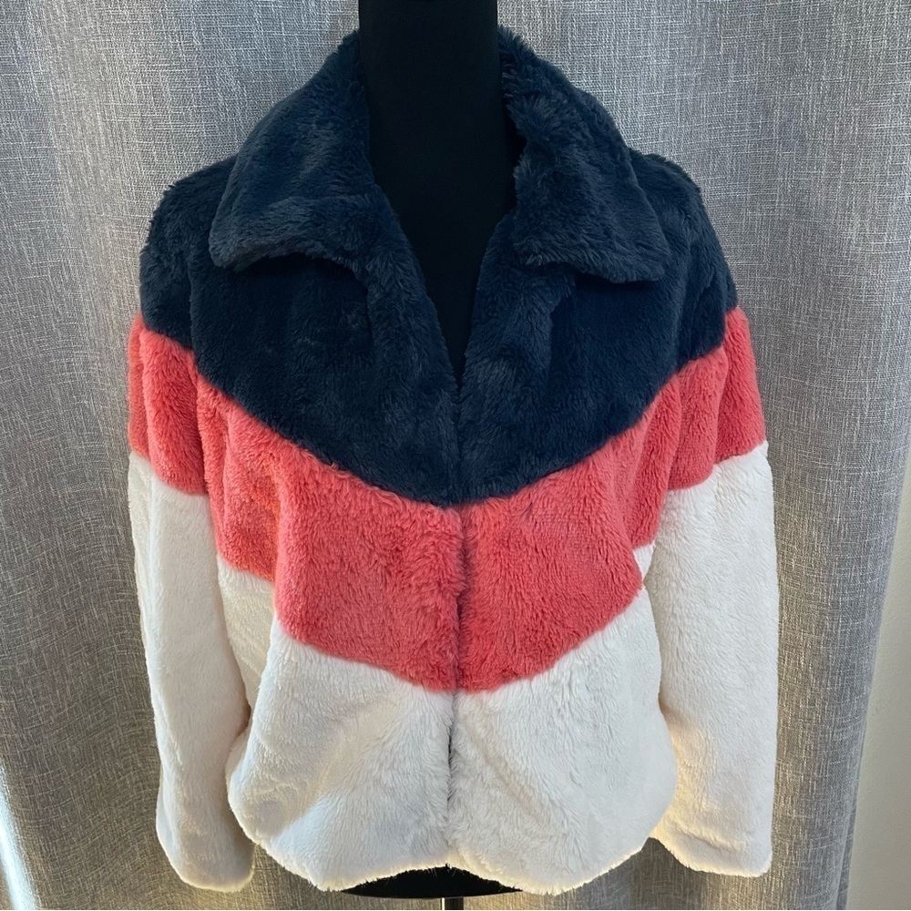Sunset & Sixth Faux Fur Retro Color Block Teddy Jacket Blue Pink Cream sz S